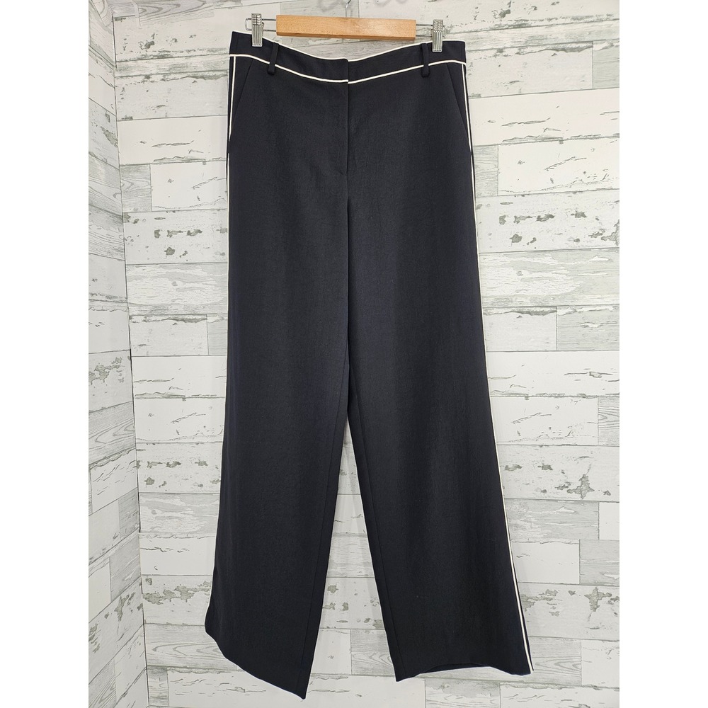 Tibi Black Wide Leg Trousers with White Piping Trim Size 6